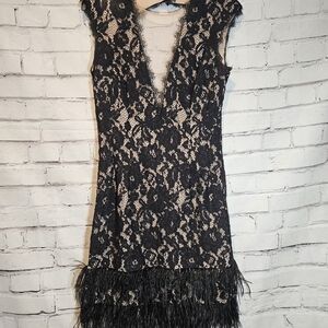 Aidan Mattox Lace and Feather Short Cocktail Open Back Dress Evening Gown US 8